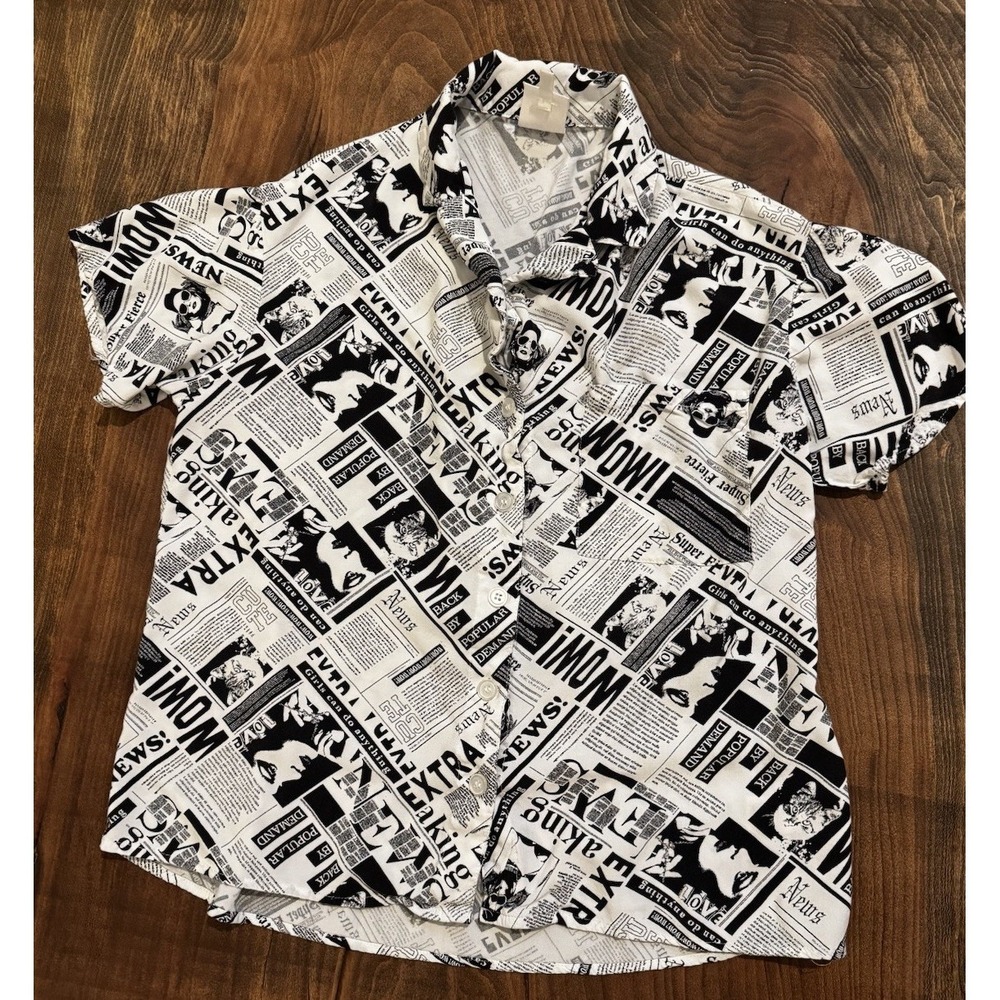 Women's Self Esteem Newsprint Black & White Button Down Shirt Medium